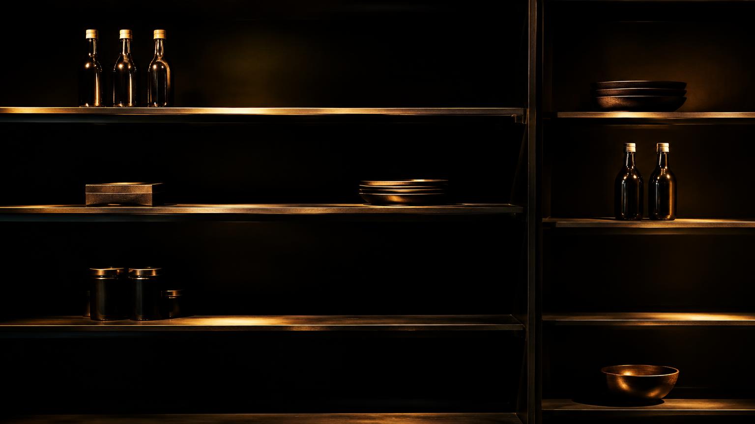 Bijna lege schappen met enkele producten in een warme spotlight